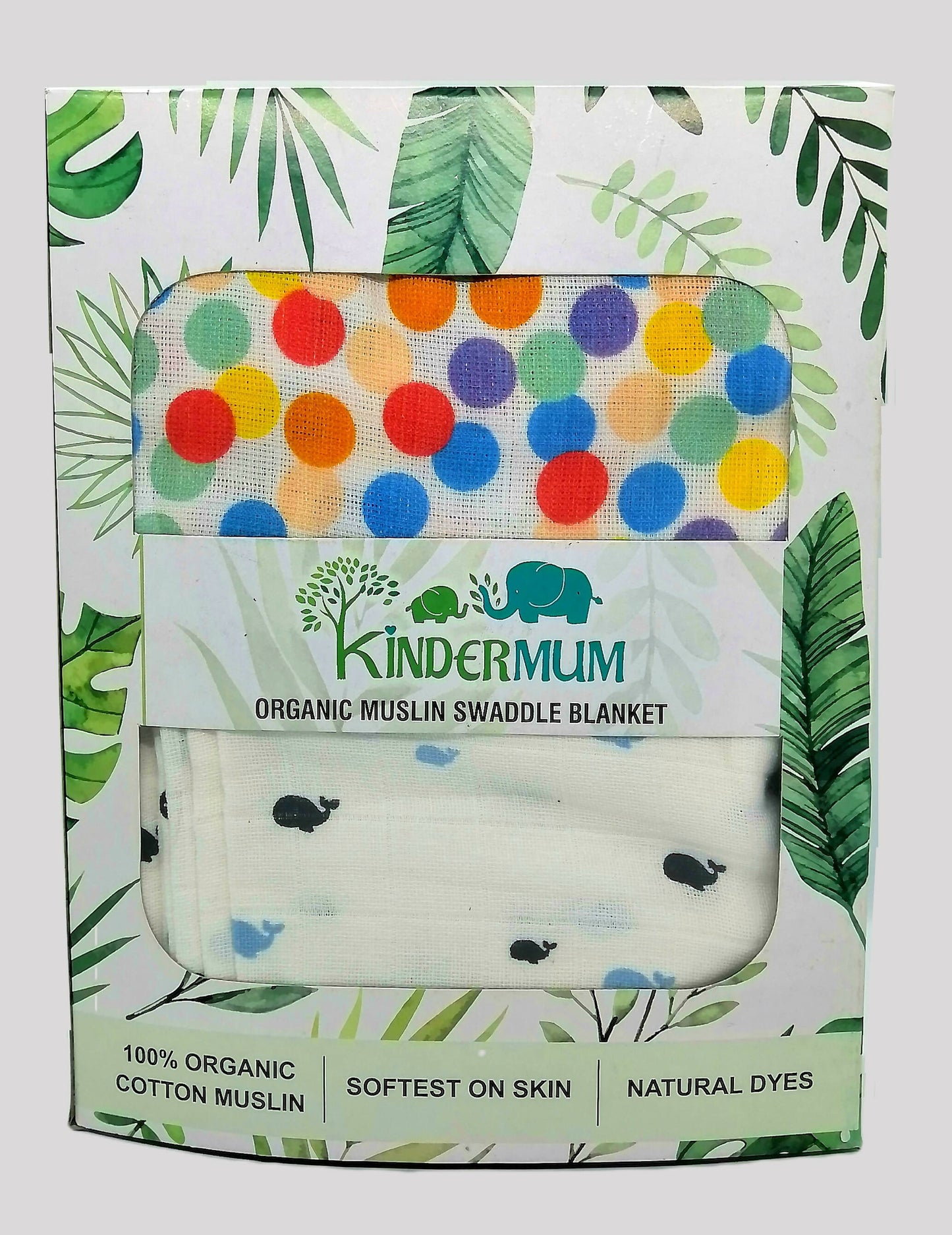Kindermum Organic Cotton Muslin Swaddle Blanket 110 Cm X 110 Cm - Set Of 2 - Colorful Polka And Whale