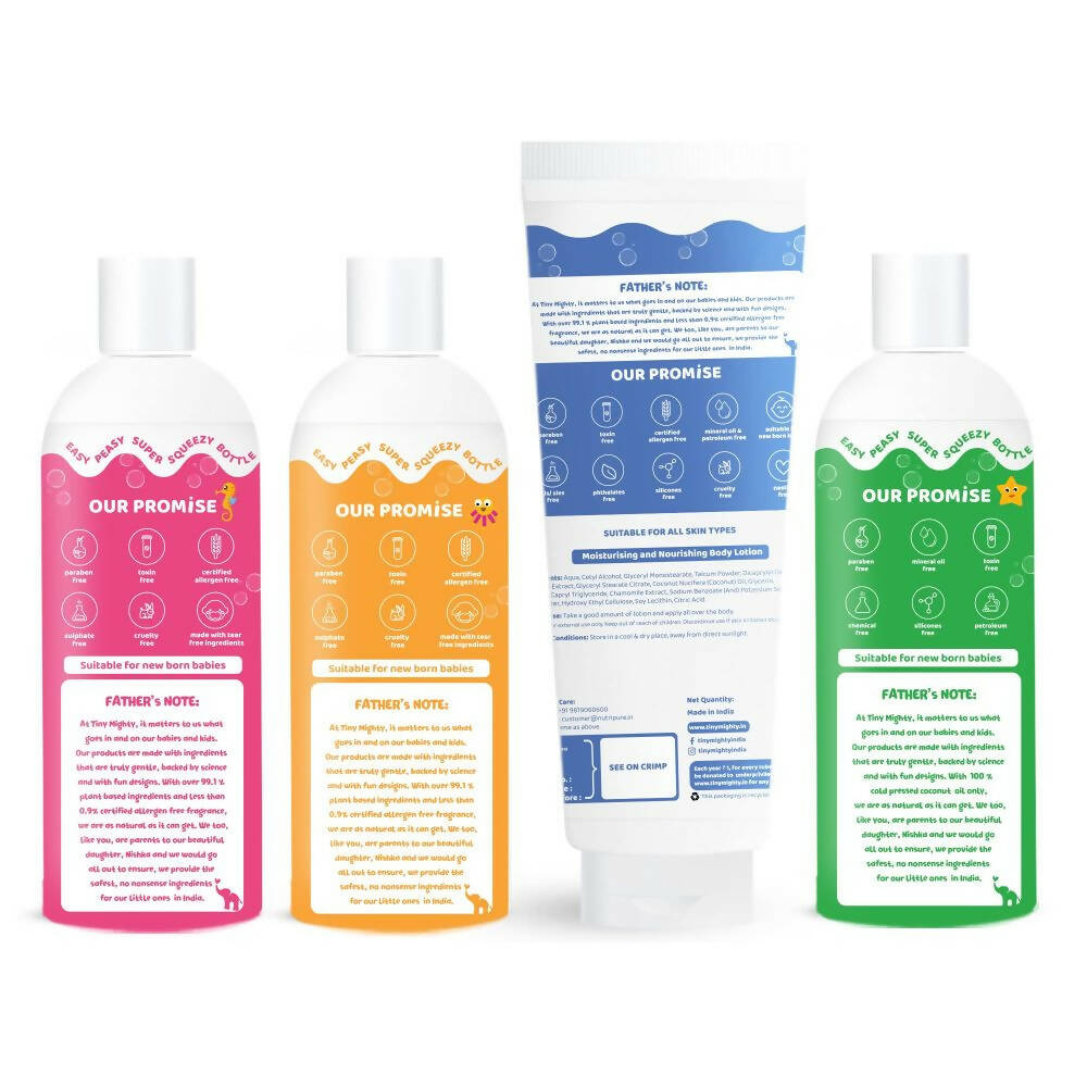 Tiny Mighty Baby Body Wash, Lotion, Shampoo And Massage Oil Combo