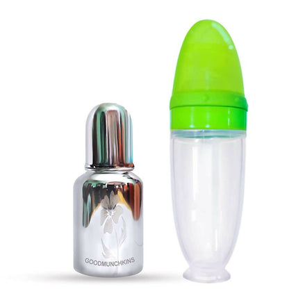 Goodmunchkins Stainless Steel Feeding Bottle With Spoon Food Feeder for Baby Anti Colic Silicon Nipple Feeder 150 ml Combo Pack-Green