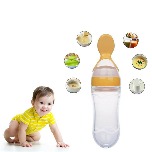 Safe-O-Kid Easy Set of 2 Squeezy Silicone Food Feeder Spoon (Soft Tip) Bottle- Yellow- 90mL -  USA, Australia, Canada 