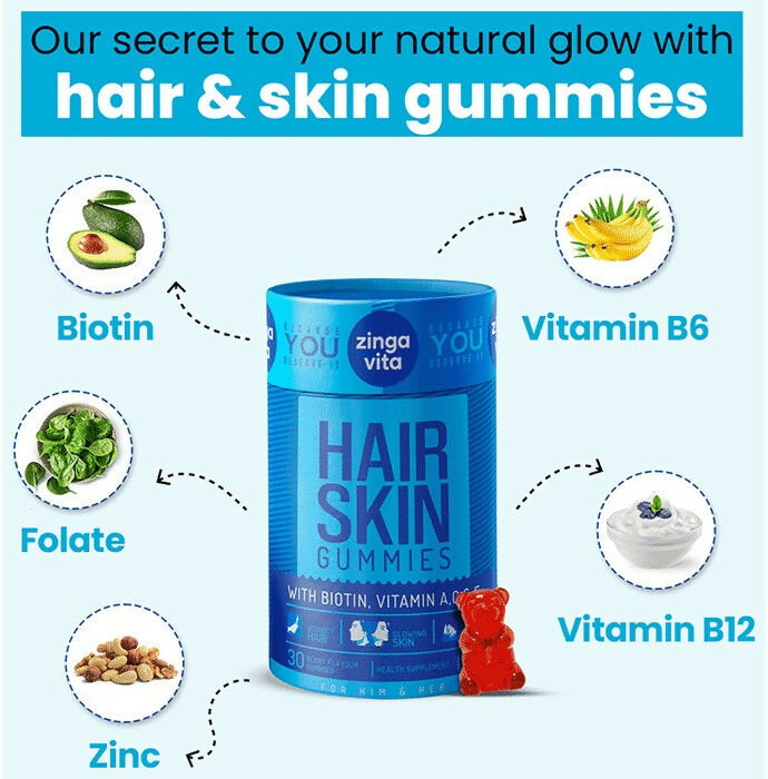 Zingavita Hair Skin Gummies with Biotin, Vitamin A C & E